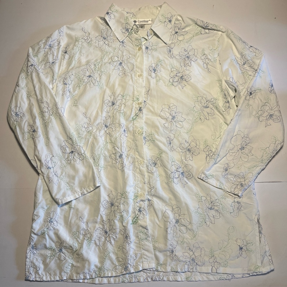 Coolibar Womens Large Embroidered Floral Button Up Shirt UPF 50+ Coolmax Mesh
